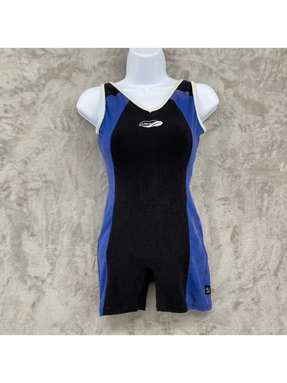 LA Gear Vintage Black Blue Unitard Shorts Suit Stretch Jersey Romper